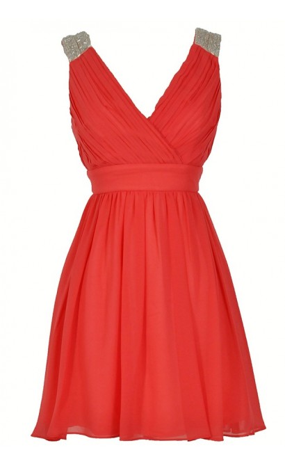 Stella Beaded Shoulder Chiffon Designer Dress in Coral